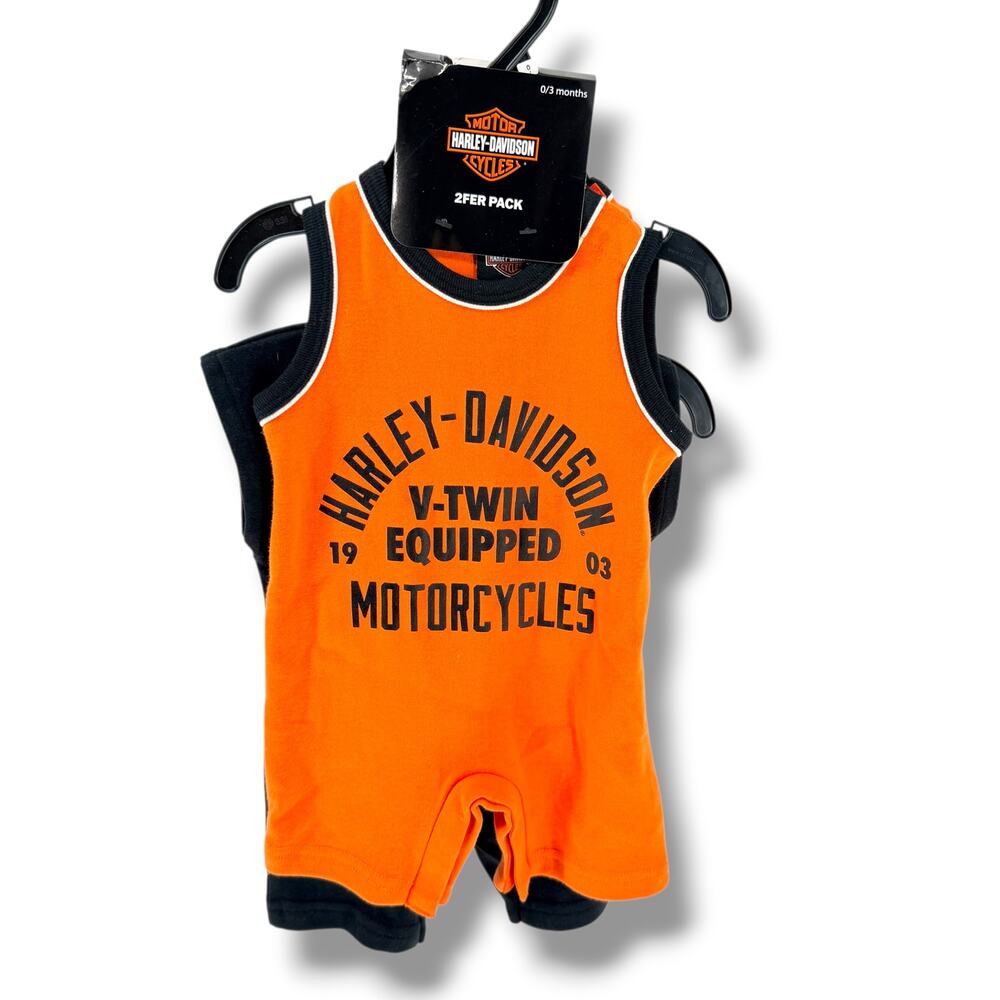 Harley Davidson Baby Boy 2 Pack Romper Set Orange Black Trim Eagle 0-3 Months